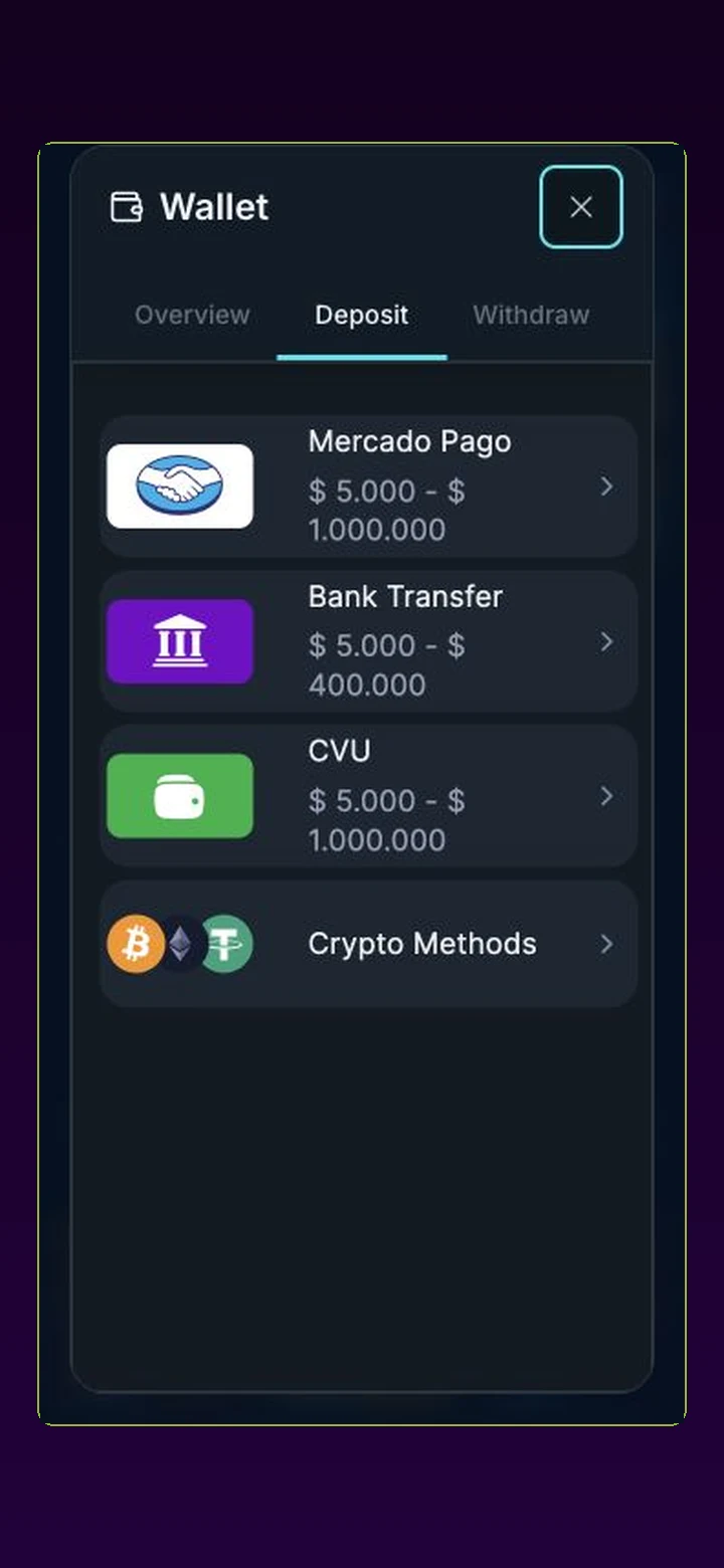 Wallet deposit tab in the app; the method list adapts to your country