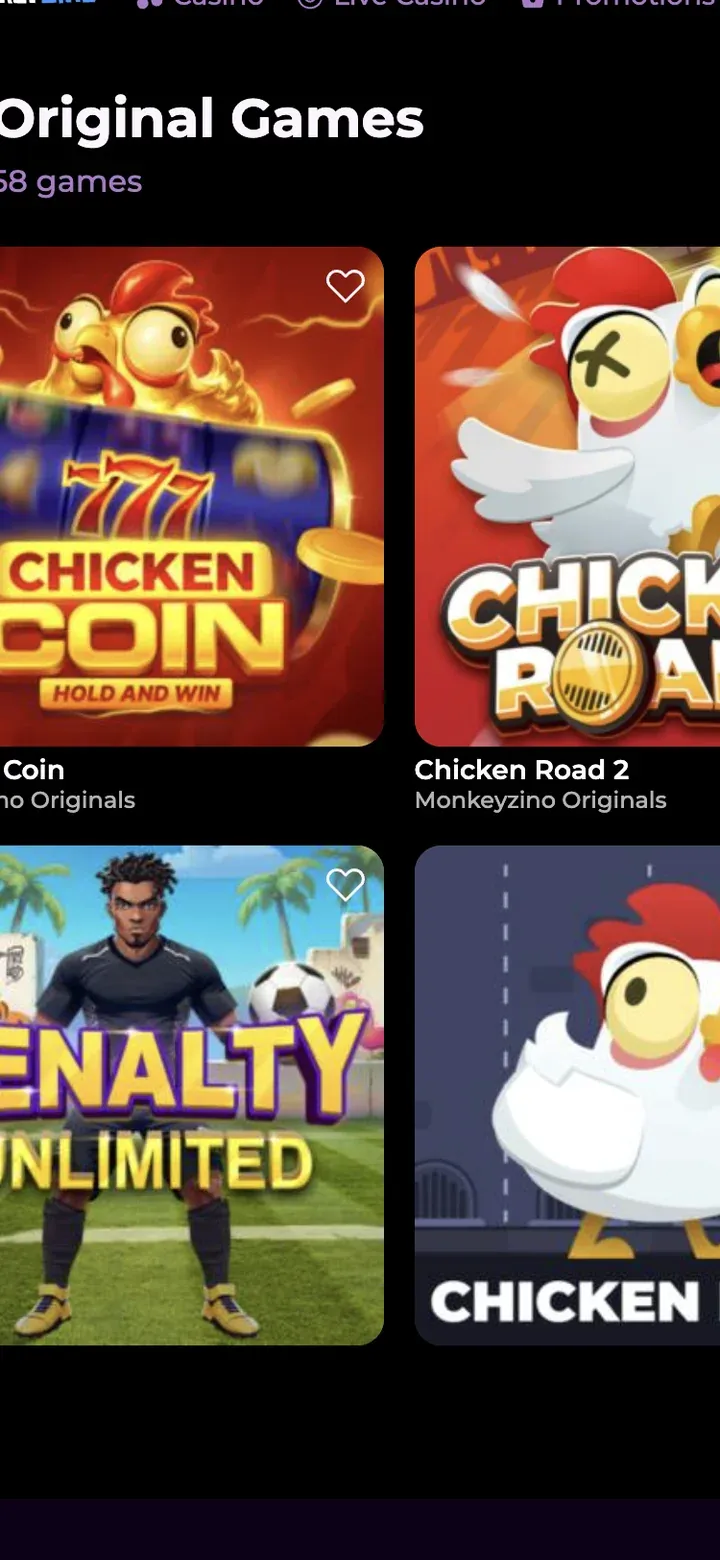 Original Games catalogue in the Monkeyzino app showing the 58-title count