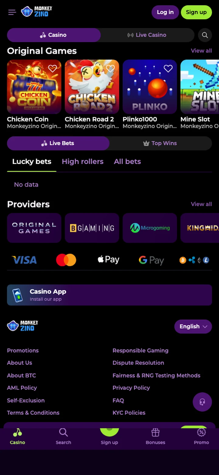 Monkeyzino app lobby with the main game rail on a phone screen